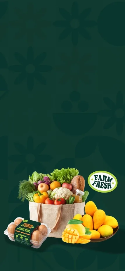 Bag of farm-fresh vegetables, eggs and mangoes